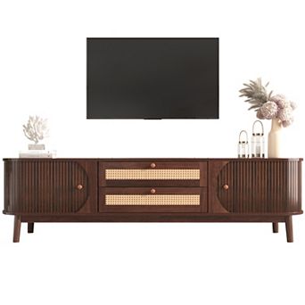 Merax Rattan Tv Stand, Modern Farmhouse Media Console, Entertainment Center With Solid Wood Legs