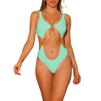 Women's One Piece Swimsuits V Neck Monokini Chain V Neck Cut Out Swimwear Bathing Suit