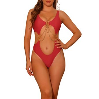 Women's One Piece Swimsuits V Neck Monokini Chain V Neck Cut Out Swimwear Bathing Suit