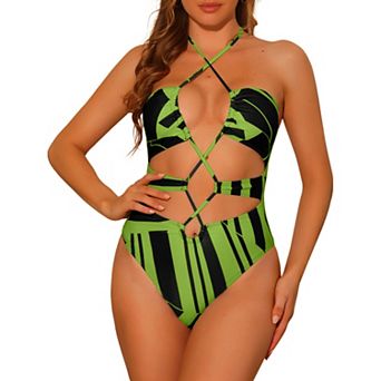 Women's Crisscross Halter Bikini Color Block One Piece Bathing Swimsuit