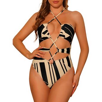 Women's Crisscross Halter Bikini Color Block One Piece Bathing Swimsuit
