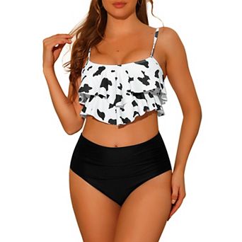 Women's Cow Print Ruffle Tank Top Bikini 2 pc Sets Swimwear
