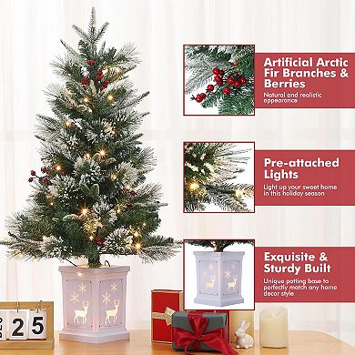 3 Ft Pre-Lit Christmas Tree, Artificial Christmas Trees with Lighting Elk Base, with 70 LED Lights