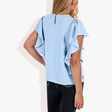 Women's Short Sleeve Pleated Front Blouse With Ruffle Sleeves