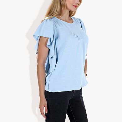 Women's Short Sleeve Pleated Front Blouse With Ruffle Sleeves