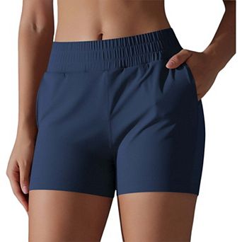 Women's High Waist Athletic Shorts with Elastic Waistband and Side Pockets