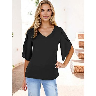 Women's V-neck Blouse With Split Short Sleeves And Relaxed Fit