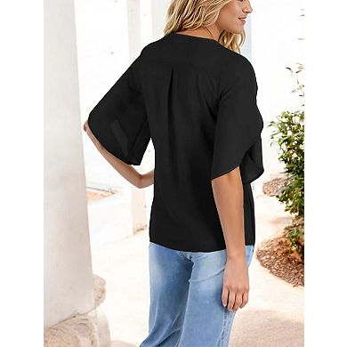 Women's V-neck Blouse With Split Short Sleeves And Relaxed Fit