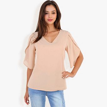 Women's V-neck Blouse With Split Short Sleeves And Relaxed Fit