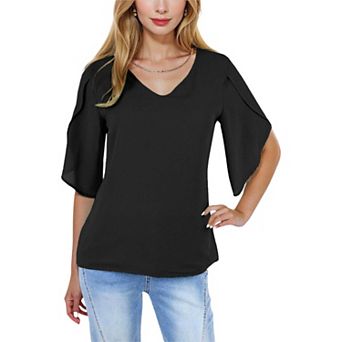 Women's V-neck Blouse With Split Short Sleeves And Relaxed Fit