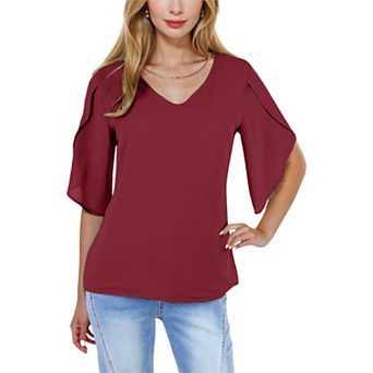Women's V-neck Blouse With Split Short Sleeves And Relaxed Fit