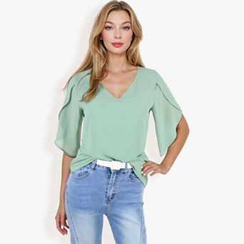Women's V-neck Blouse With Split Short Sleeves And Relaxed Fit