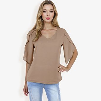 Women's V-neck Blouse With Split Short Sleeves And Relaxed Fit