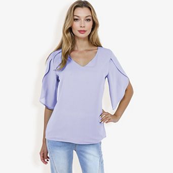 Women's V-neck Blouse With Split Short Sleeves And Relaxed Fit