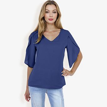 Women's V-neck Blouse With Split Short Sleeves And Relaxed Fit