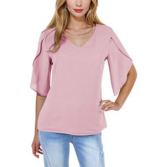 Women's V-neck Blouse With Split Short Sleeves And Relaxed Fit