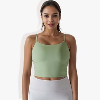 Women's Spaghetti Strap Sports Crop Top with Ruched Detailing and Breathable Fabric