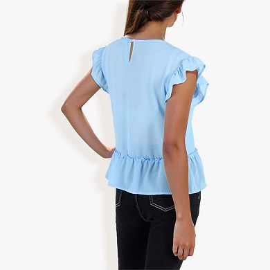 Women's Ruffle Sleeve Peplum Top With Gathered Waist Detail