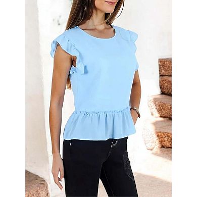Women's Ruffle Sleeve Peplum Top With Gathered Waist Detail