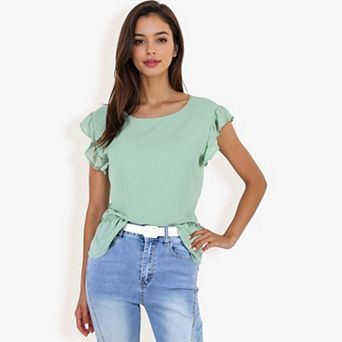 Women's Ruffle Sleeve Peplum Top With Gathered Waist Detail