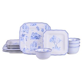 222 Fifth Scenic Toile Blue 12 pc Porcelain Dinnerware Set