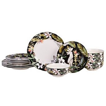 222 Fifth Borneo Black Botanical 12 pc Dinnerware Set