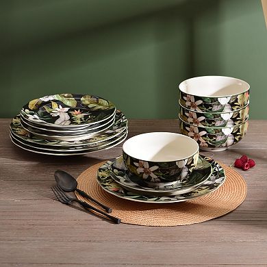 222 Fifth Borneo Black Botanical 12-piece Dinnerware Set