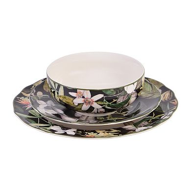 222 Fifth Borneo Black Botanical 12-piece Dinnerware Set