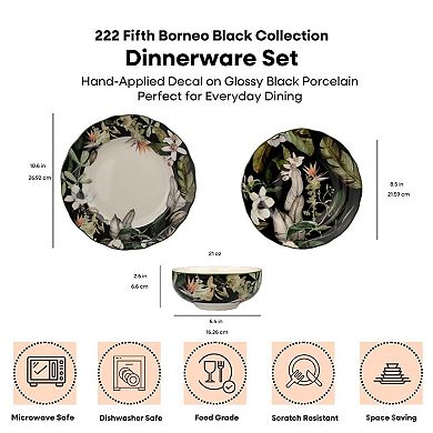 222 Fifth Borneo Black Botanical 12-piece Dinnerware Set