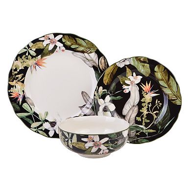 222 Fifth Borneo Black Botanical 12-piece Dinnerware Set