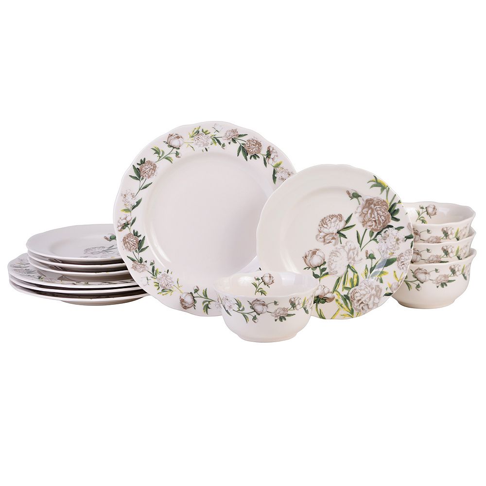 222 Fifth Luxe Peony Neutral Porcelain 12-piece Dinnerware Set