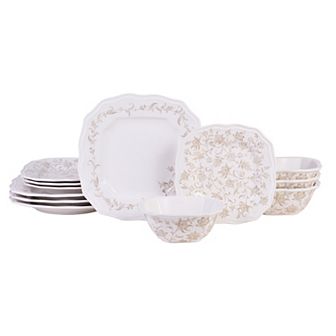 222 Fifth Batik Toile Taupe 12 pc Porcelain Dinnerware Set