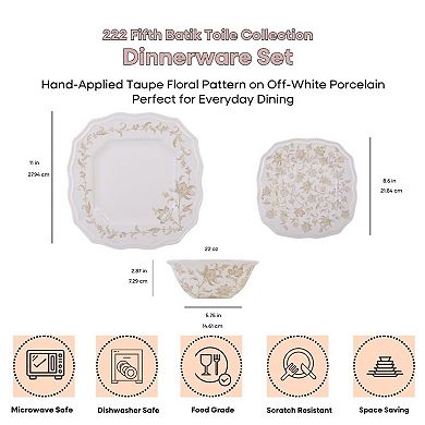 222 Fifth Batik Toile Taupe 12-pc. Porcelain Dinnerware Set