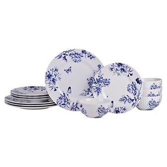 222 Fifth Cassian Embossed Toile Blue 12 pc Porcelain Dinnerware Set