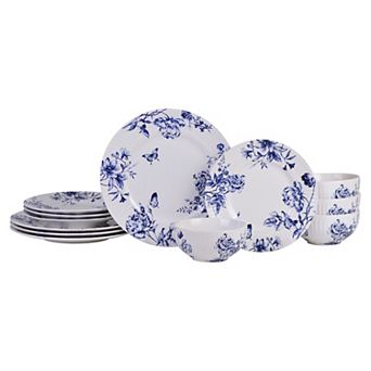 222 Fifth Cassian Embossed Toile Blue 12 pc Porcelain Dinnerware Set