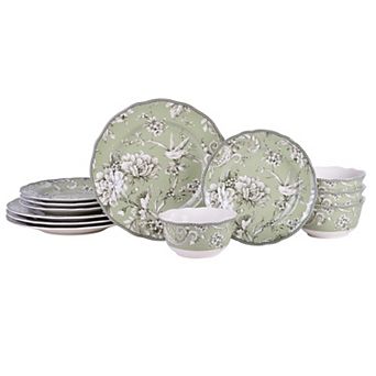 222 Fifth Adelaide Sage Porcelain 12 pc Dinnerware Set