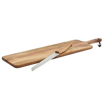 Tabletops Gallery Acacia Wood Rectangular Serving Board Set with Handle & Bread Knife