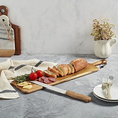 Tabletops Gallery Acacia Wood Rectangular Serving Board Set with Handle & Bread Knife