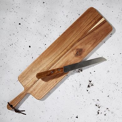 Tabletops Gallery Acacia Wood Rectangular Serving Board Set with Handle & Bread Knife