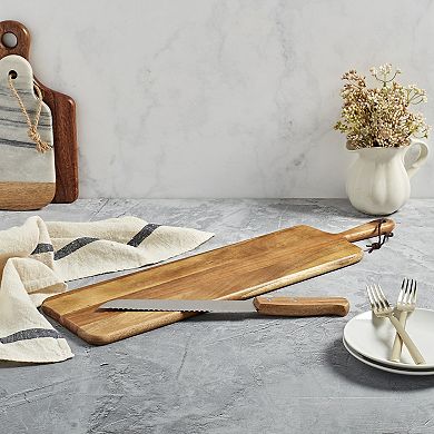Tabletops Gallery Acacia Wood Rectangular Serving Board Set with Handle & Bread Knife