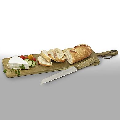 Tabletops Gallery Acacia Wood Rectangular Serving Board Set with Handle & Bread Knife