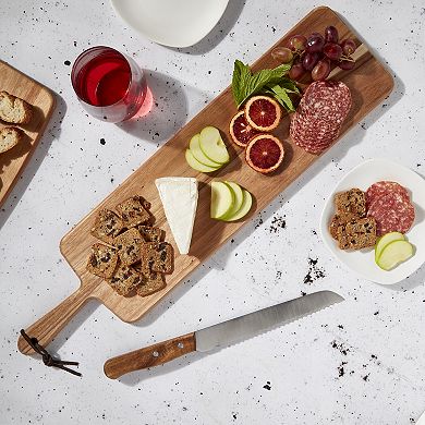 Tabletops Gallery Acacia Wood Rectangular Serving Board Set with Handle & Bread Knife