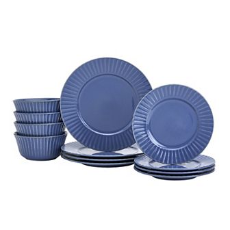 Tabletops Gallery 12 pc Richmond Navy Blue Stoneware Embossed Dinnerware Set