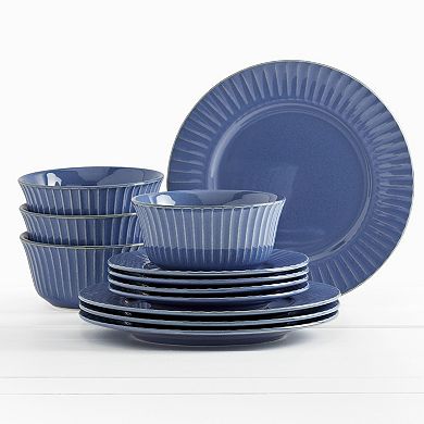 Tabletops Gallery 12-Piece Richmond Navy Blue Stoneware Embossed Dinnerware Set