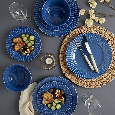 Tabletops Gallery 12-Piece Richmond Navy Blue Stoneware Embossed Dinnerware Set