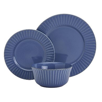 Tabletops Gallery 12-Piece Richmond Navy Blue Stoneware Embossed Dinnerware Set