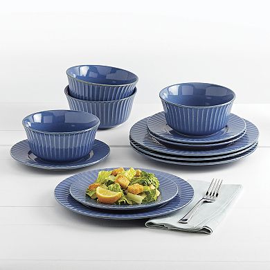 Tabletops Gallery 12-Piece Richmond Navy Blue Stoneware Embossed Dinnerware Set
