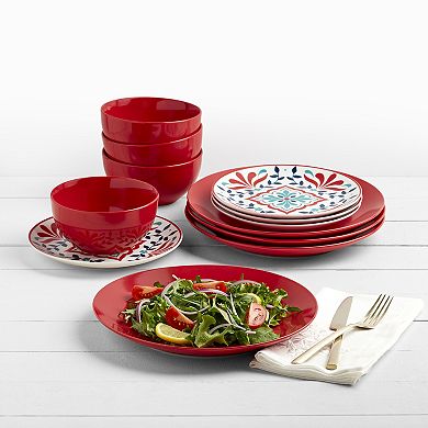 Tabletops Gallery 12-piece Porcelain Round Camila Red Dinnerware Set