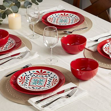 Tabletops Gallery 12-piece Porcelain Round Camila Red Dinnerware Set