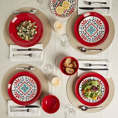 Tabletops Gallery 12-piece Porcelain Round Camila Red Dinnerware Set